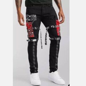 Men's Size 40x34 INDIGO BLUE JEANS Distressed with Red Straps By Brand Preme New